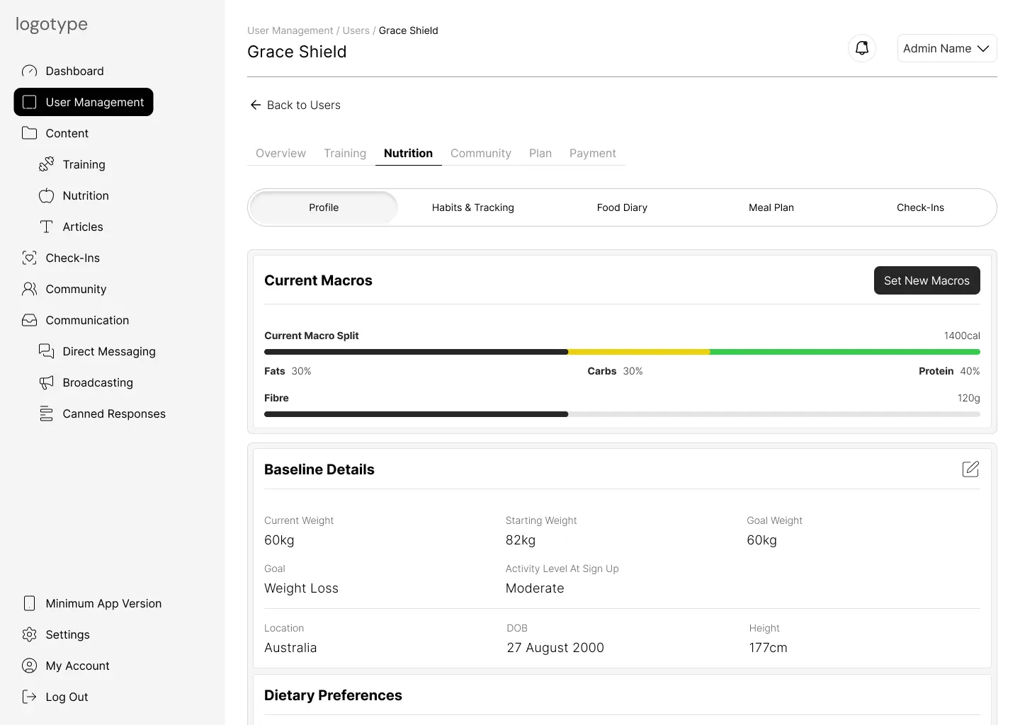 CMS — user nutrition profile
